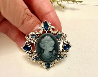 Victorian cameo portrait brooch pin, navy blue rhinestone brooches pin for clothes coat accessories, gift idea, wedding day brooch clip