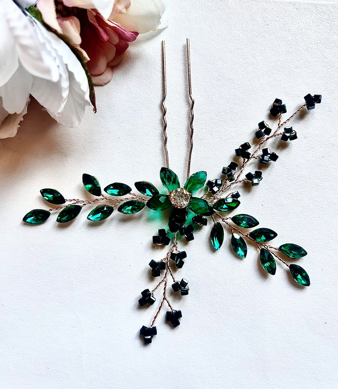 Wedding Emerald Rhinestone Hairpin Bridal Dark Green Crystal Etsy