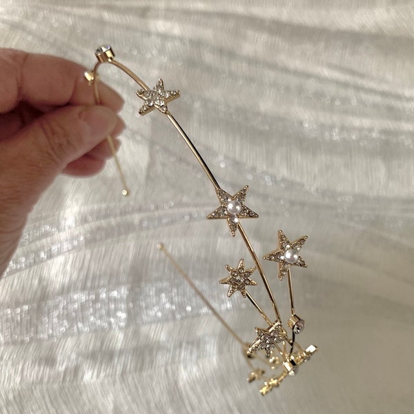 Gold star hairband, gold star and pearls headband, gold celestial band, gold star headpiece, wedding and occasions hair clip
