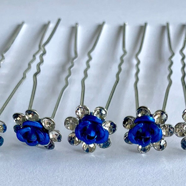 Navy blue bridal hairpins, wedding and occasions hair pins, hair jewellery,  dark blue flower hair clips, hair accessories, something blue