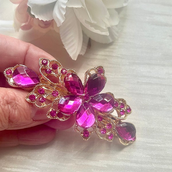 Bright Pink Rhinestone Hair Clip | Pink and Gold  French Barrette | Pink Floral Hair Slide | Hair Accessories | Wesding Occasions Hair Clip