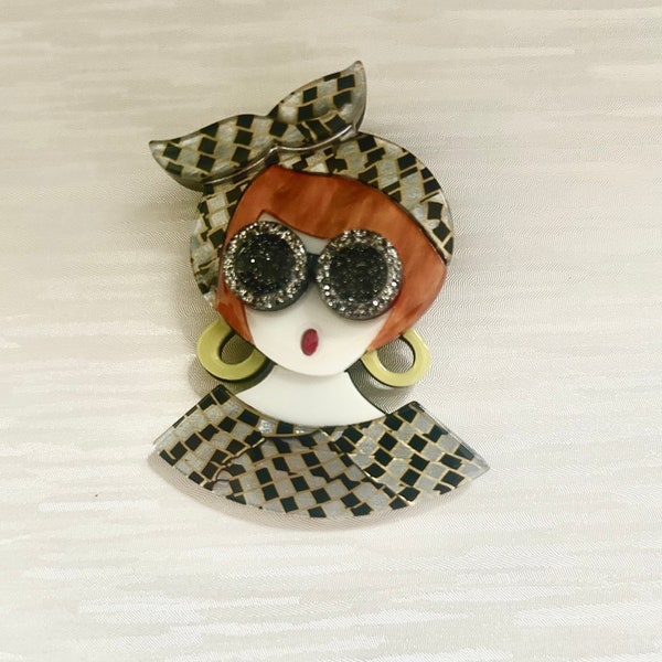 1940s Vintage Lady with Yellow Bow Headscarf and Glasses Brooches Pin, Large Acrylic Jacket Clothes Brooches, 3D Fun Brooches, Gift For Her