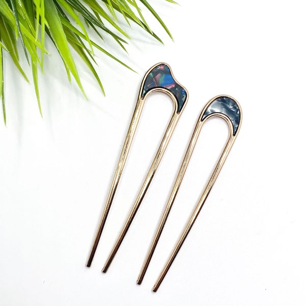 Iridescent minimalist U shaped hair stick | metal hair bun pin | hair fork | blue hair pin barrette | wedding guest hair accessories