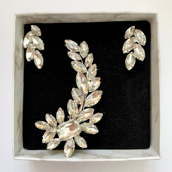 Wedding Silver Crystal Hair Clip And Earrings Set | Bridal Silver Hairclip Earrings Set | Silver Barrette Earrings | Hair Jewellery Earring