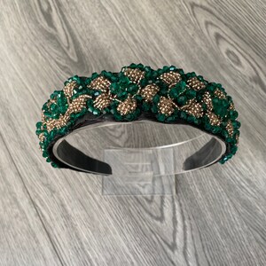 Emerald Green Gold Crystal Hairband | Wedding Dark Green Gold Hair Band | Wide Brim Statement Headband | Bridal Green Gold Crystal Hairband