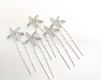 Decorative silver starfish hairpins | sparkling silver crystal starfish hair clips | beach wedding  bobby pins | 6 bridal starfish hair pins