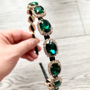 Emerald rhinestone headband, gold and green on black hairband, dark green hairpiece for bridesmaid flower girl, hair jewellery