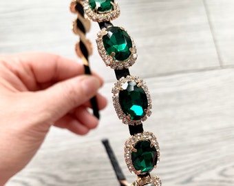 Emerald rhinestone headband, gold and green on black hairband, dark green hairpiece for bridesmaid flower girl, hair jewellery