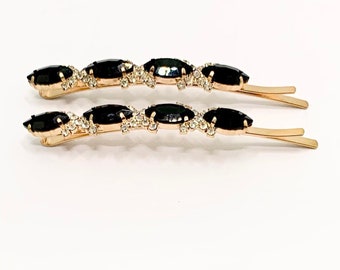 Set of two bridal sparkling black crystal and diamanté hair clips | black hair slides | wedding barrette hair pins | black hair accessories