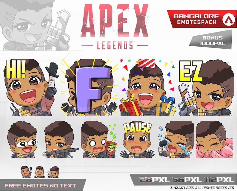 Może przedstawiać: Zbi&oacute;r emotikon&oacute;w Apex Legends Bangalore. Emotikony przedstawiają postać z kresk&oacute;wki z r&oacute;żnymi wyrazami twarzy i dymkami tekstowymi, w tym "HI!", "F", "EZ" i "PAUSE". Obraz zawiera r&oacute;wnież tekst "FREE EMOTES NO TEXT".