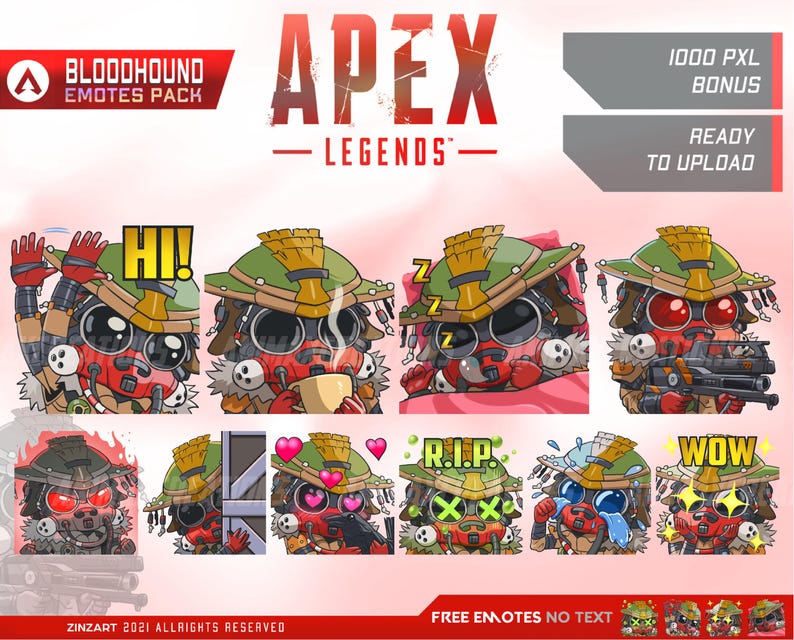 May include: A digital art pack featuring Bloodhound emotes from Apex Legends. The emotes show Bloodhound with various expressions, including "Hi!", sleeping, and "Wow". The image includes text that reads "Apex Legends" and "Bloodhound Emotes Pack".