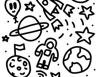 May include: Black and white line art illustration of space-themed elements. The design includes a rocket ship, planets, stars, an astronaut, a satellite, a crescent moon, an alien, and a flying saucer. The artwork is a doodle style.
