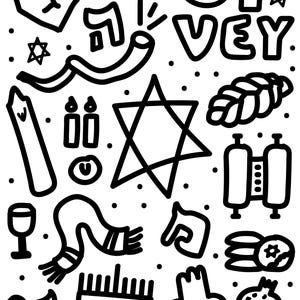 May include: Black and white line art illustration featuring Jewish symbols and phrases. Includes a Star of David, menorah, dreidel, shofar, challah, and the phrase "Oy Vey". Dotted background.