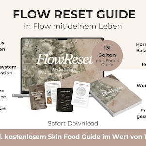 Könnte beinhalten: Ein digitaler Ratgeber namens Flow Reset Guide mit Laptop-Bildschirm, einem gedruckten Buch und mehreren Informationskarten. Der Text umfasst Zyklus Wissen, Hormon Balance, Nervensystem Regulation, Reset, Innere Balance, Mindset, Workouts und Frauengesundheit.