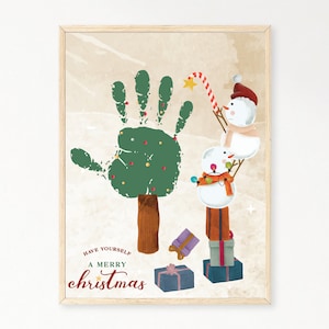 Christmas Tree Snowman Handprint Art, Xmas Printable, Christmas Craft Keepsake Art, Christmas DIY Kid Craft, Christmas Card, Snowman Print