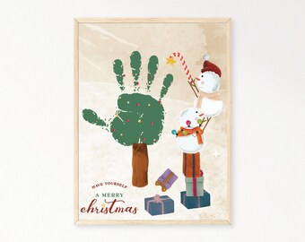 Christmas Tree Snowman Handprint Art, Xmas Printable, Christmas Craft Keepsake Art, Christmas DIY Kid Craft, Christmas Card, Snowman Print