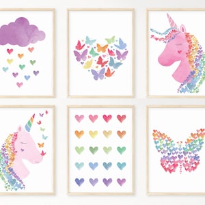 Set of 6 Water Color Rainbow Heart Unicorn Butterfly Art Print Bundle | Rainbow Nursery Decor | Nursery Wall Art | Girls Room Decor Prints