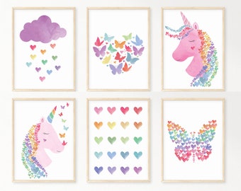 Set of 6 Water Color Rainbow Heart Unicorn Butterfly Art Print Bundle | Rainbow Nursery Decor | Nursery Wall Art | Girls Room Decor Prints
