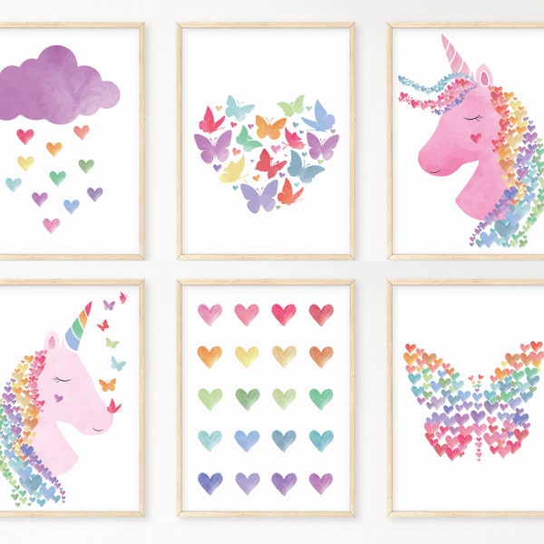 Set of 6 Water Color Rainbow Heart Unicorn Butterfly Art Print Bundle | Rainbow Nursery Decor | Nursery Wall Art | Girls Room Decor Prints