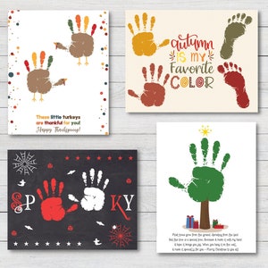 4 Huellas de manos de paquetes navideños, Huella de mano de otoño, Actividad de Acción de Gracias, Manualidades de Halloween, Tarjeta de Navidad, Manualidades de arte para niños pequeños