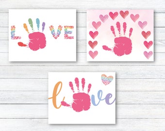 Set van 3 Valentijnsdag Handprint Art Bundle, DIY Kids Craft, Aquarel Hearts Handprint Keepsake Memory, Handprint Art, Valentine's Craft