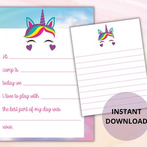 Brief aus dem Lager | Einhorn Design | Fill in Blank Camp Letters | Sleep Away Camp Papeterie | Lager Postkarte | Digitaler Download | PDF