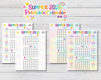 Sommer 2026 Druckbares Kalender Poster, Set mit 2 Sommerkalender, Ausfüllen, Sommeraktivitäten, Sommer Bucket Liste, 2026 Sommer Checkliste