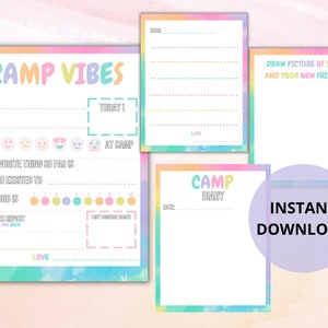 Conjunto de 4 cartas Tie-Dye del campamento / Plantilla imprimible / Papelería del campamento de verano / Campamento de verano para niños / Descarga instantánea / Relleno lindo