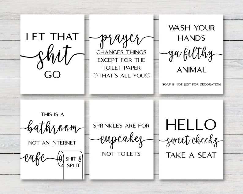 Set of 6 Bathroom Prints, Home Decor Posters, Bathroom Minimalist Funny Quotes Bundle, Toilet Fun Prints, Bathroom Art Digital Download image 1