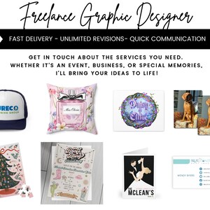 May include: A collage of images showcasing various graphic design services. The images include a logo for a plumbing company, a floral pillow with a perfume bottle design, a wedding invitation with a floral wreath and the text "Daisy & Ellie", a Christmas tree puzzle, a wedding invitation with the text "Boots & Bling", a wedding invitation with the text "The McLeans", a business card with the text "Wendy Byers", and two images of dogs.