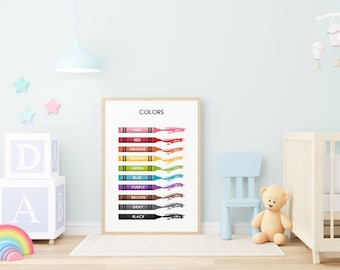 May include: A framed print with the word "COLORS" at the top. Below, colorful crayon illustrations are arranged vertically, each labeled with a color name: pink, red, orange, yellow, green, blue, purple, brown, gray, and black. The print is in a child's room.