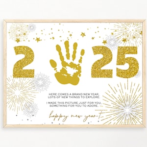 Impression d'art de l'empreinte de la main du Nouvel An 2025, feux d'artifice du Nouvel an 2025, art souvenir, travaux manuels, mon premier projet d'artisanat pour le Nouvel An pour enfants
