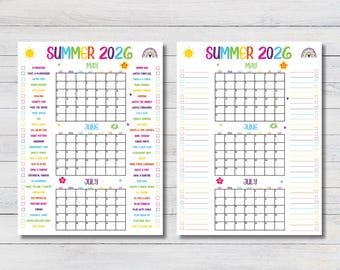 Sommer Mai, Juni, Juli 2026 druckbarer Kalender Poster, Sommerkalender, Sommeraktivitäten, Sommer Bucket List, 2026 Sommer Bucket List