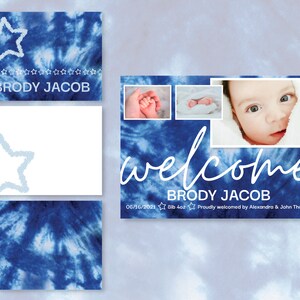Anuncio de nacimiento personalizado de niño o niña y paquete de tarjetas de agradecimiento dobladas / Tie Dye / Tarjeta fotográfica / Tarjeta de nombre de recién nacido editable en Canva