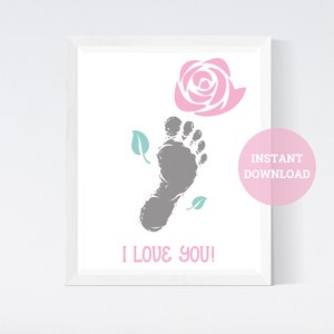 I Love You Pink Flower Handprint Footprints Craft Activity, Valentine&#39;s Day Card, DIY Memory Keepsake, Mother&#39;s Day Card, Instant Download