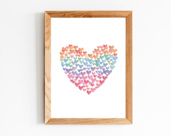 Watercolor Heart Wall Art | Rainbow Hearts Background Art Print | Rainbow Nursery Decor | Girls Room | Valentine's Day Art Instant Download