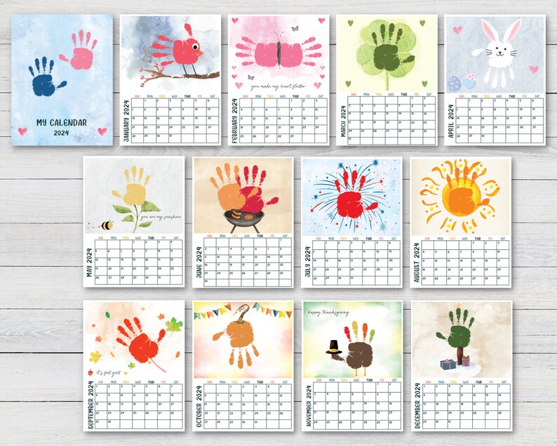 2024 12 maanden handafdruk kalender, DIY kind peuter baby knutselen 