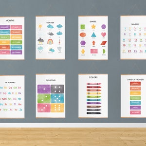 Set of 8 Preschool Learning Posters, Educational Prints, Watercolor Posters Bundle, Classroom Decor, Homeschool Wall Decor, Digital Prints