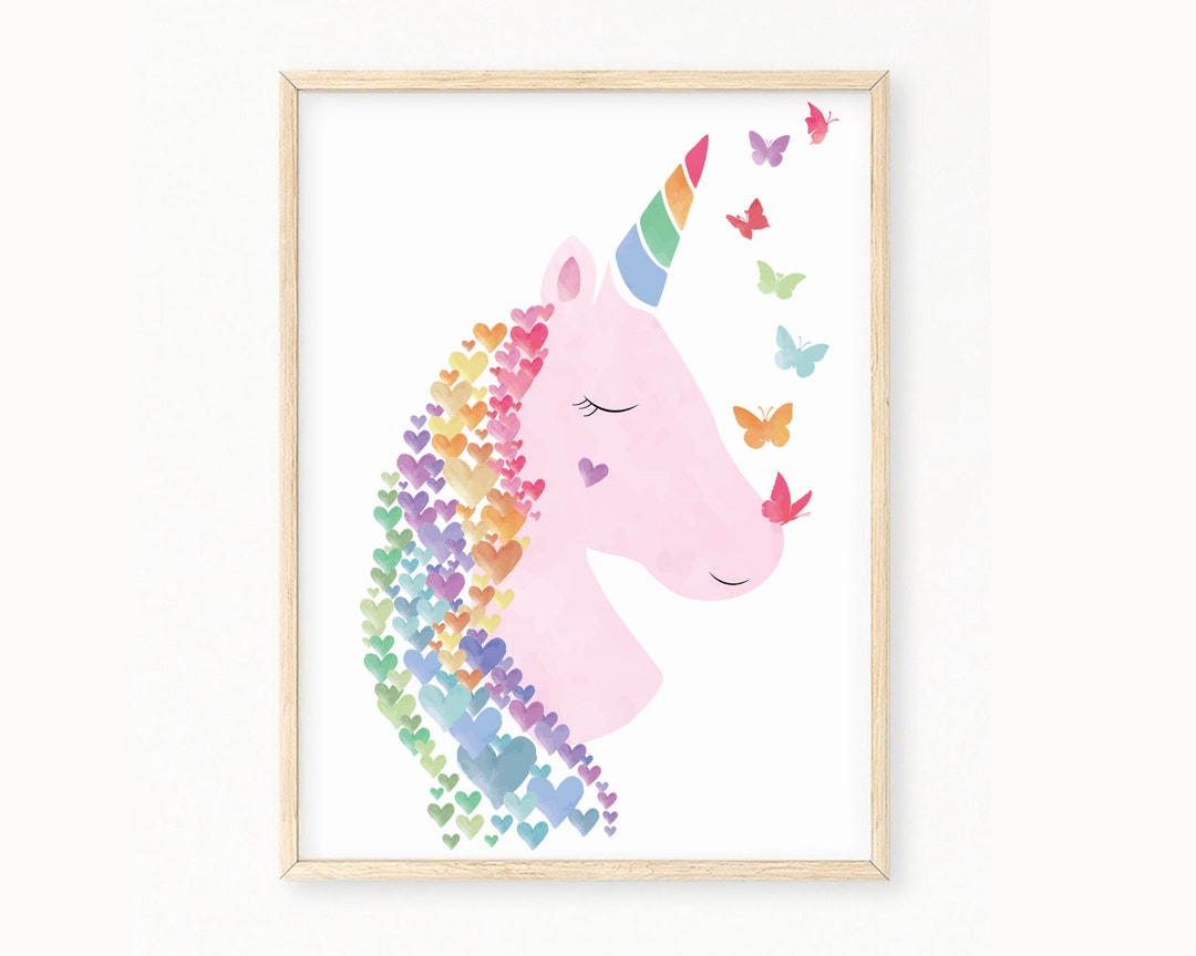 Watercolor Unicorn Butterfly Heart Wall Art | Rainbow Hearts Background ...