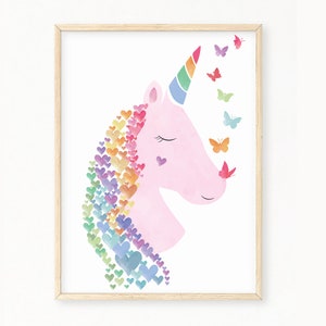 Watercolor Unicorn Butterfly Heart Wall Art | Rainbow Hearts Background Art Print | Rainbow Nursery Decor | Girls Room | Unicorn Printable