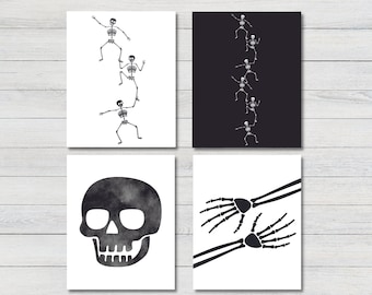 Set of 4 Skeleton Halloween Printable Gallery Wall Art Bundle, Halloween Art Prints, Halloween Home Decor, Spooky Halloween Prints Bundle