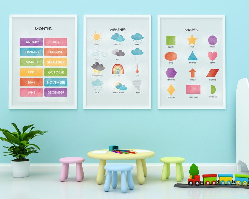 Set of 8 Preschool Learning Posters, Educational Prints, Watercolor ...