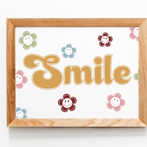 Retro Smiley Face Flowers Art Print | Nursery Decor | Vintage Art | Kids Room Art | Smile Flowers Print| Boho Flowers Poster | Mix & Match