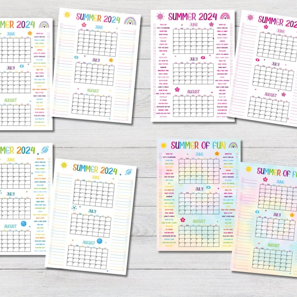 2024 Summer Printable Calendar Bundle, Kids Summer Calendar, Activities Calendar, Girls Summer Bucket List, Boys Summer Check List Print
