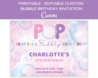 Bubble Party Invitation | Birthday Invitation | Pink & Purple Invitation | Pop On By For A Bubbly Good Time Invite | Edit with Canva
