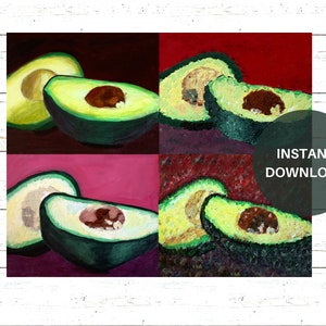 Avocado Art Print, Instant Download, Avocado Wall Art, Kitchen wall Decor, Avocado Print, Fruit Wall Art, One painting - 4 Techniques