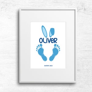 Nombre personalizado Conejo de Pascua, Azul Pascua Imprimible, 1ª Pascua del bebé, Huella del bebé, Recuerdo de memoria de Pascua, Actividad de Pascua para niños pequeños