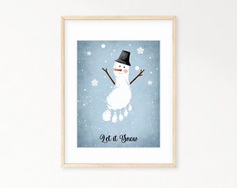 Let it Snow Christmas Footprint Art, DIY Kids Craft, Christmas Footprint Keepsake, Christmas Snowman Activity, Christmas Activity Printable