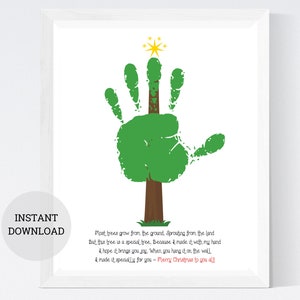 May include: A printable Christmas tree handprint art print with a poem that reads "Most trees grow from the ground, Sprouting from the land But this tree is a special tree, Because I made it with my hand I hope it brings you joy when you hang it on the wall I made it specially for you - Merry Christmas to you all!"