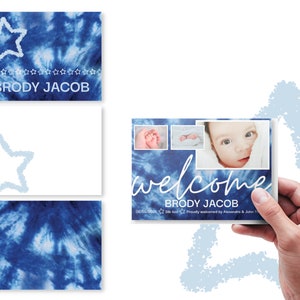 Anuncio de nacimiento de niño o niña editable personalizado y paquete de tarjetas de agradecimiento dobladas / Tie Dye / Tarjeta fotográfica / Tarjeta de nombre del recién nacido en Canva